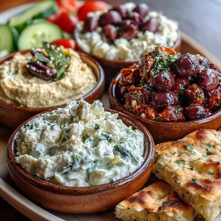 A rustic wooden board displays Mediterranean brunch dips, hummus, and flatbreads with cucumber slices, nuts, and herbs for a vibrant spread.