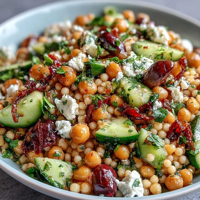 Spoonful of Mediterranean Pearl Couscous showing diced vegetables, feta cheese, and olives tossed in a red wine vinaigrette, highlighting the texture and fresh ingredients of this vegetarian dish.