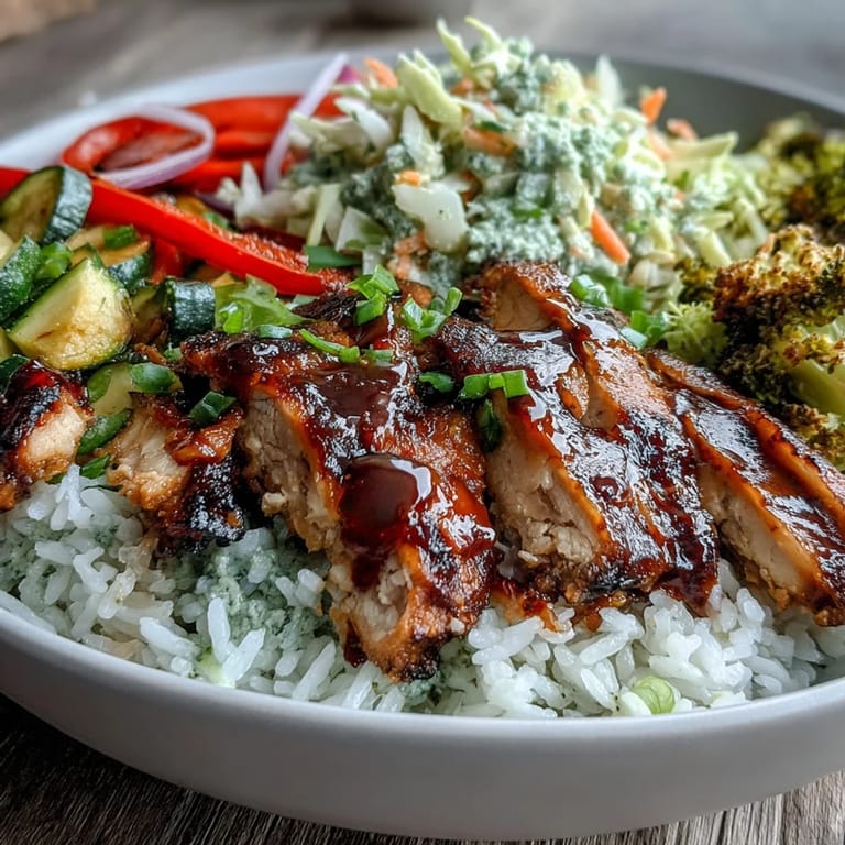 A close-up of sliced BBQ chicken over rice, beside coleslaw and roasted vegetables, drizzled with extra tangy sauce.