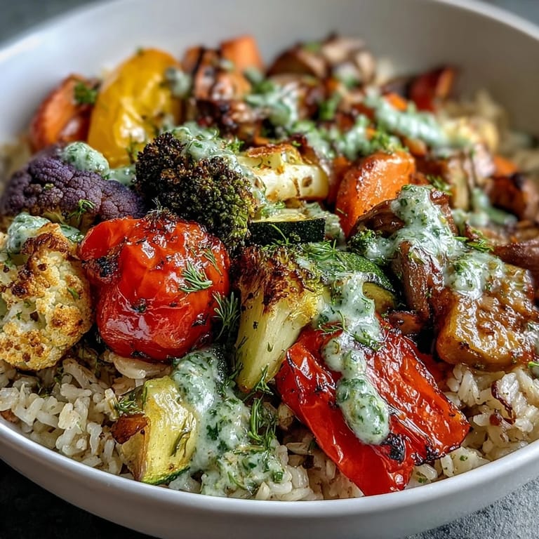 A close-up of a nourishing vegetarian bowl with multi-hued roasted veggies, steaming brown rice, and a drizzle of lemony herb sauce for a fresh finish.
