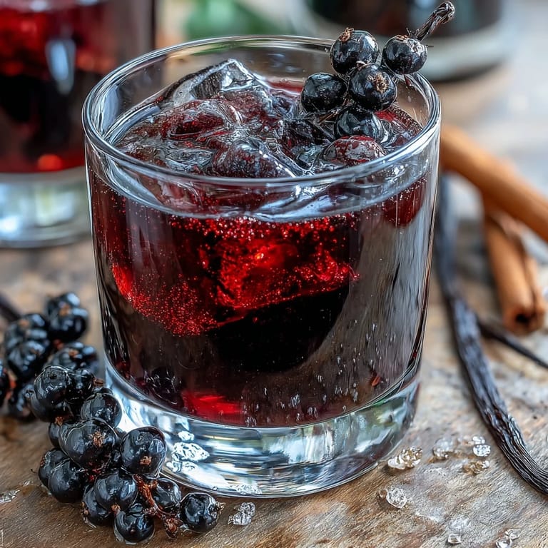 Close-up of Black Currant Rum Liqueur served neat over ice, garnished with fresh blackcurrants, perfect for sipping or mixing cocktails.