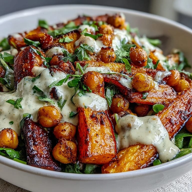 Vibrant, caramelized veggies and toasted chickpeas making up a wholesome One-Pan Roasted Carrot and Chickpea Bowl.
