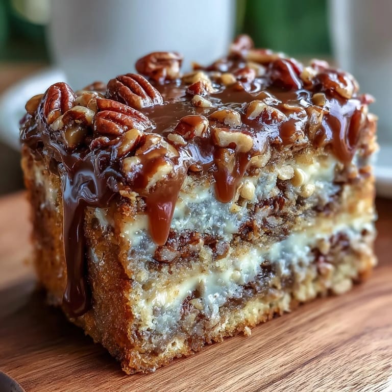 Moist slice of Christmas Toffee Crunch Cake topped with toffee crumble and chopped pecans.