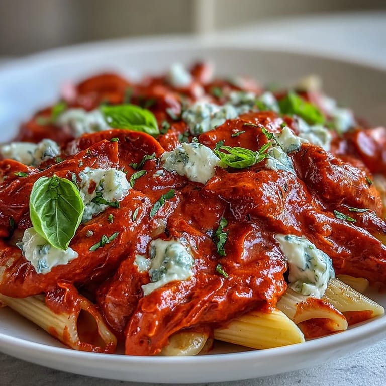 A warm skillet of Creamy Red Pepper Pasta with Burrata & Herbs shows velvety roasted red pepper sauce and a generous burrata crown.