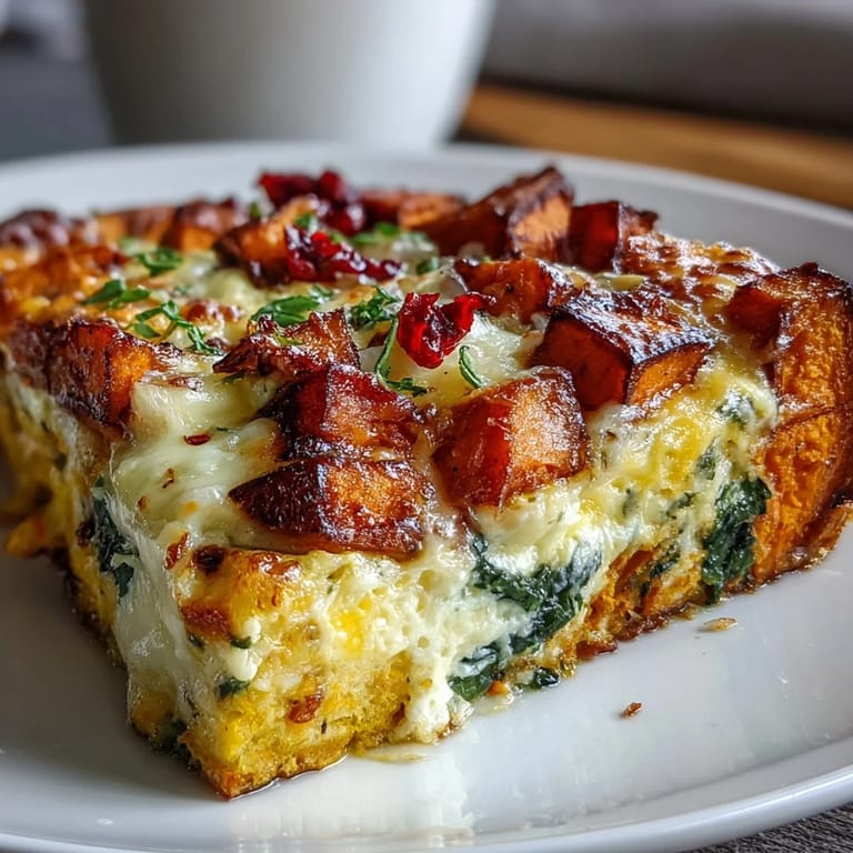 Close-up of Easy Sweet Potato Egg Casserole slice revealing fluffy eggs, spinach, and sweet potatoes.