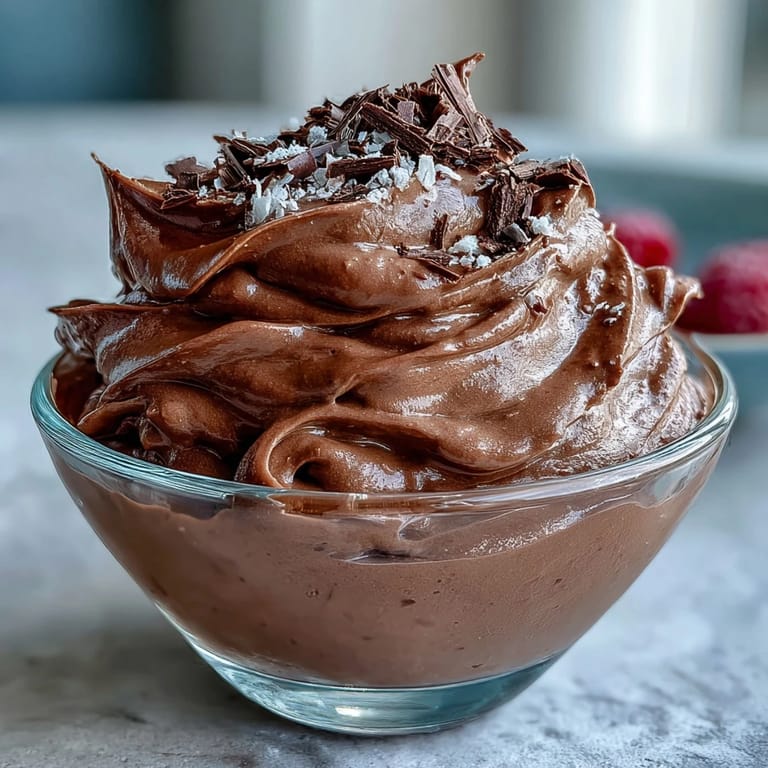 Rich and creamy chocolate protein fluff with a spoon nearby, showcasing its thick, whipped texture ready to enjoy.