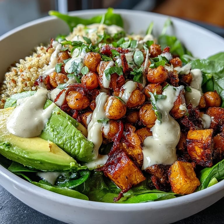 Warm Anti-Inflammatory Glow Bowl topped with creamy tahini yogurt sauce, fresh spinach, and ripe avocado slices.