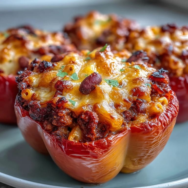 Colorful bell peppers stuffed with savory chili macaroni and beef, baked until tender with golden cheese crust.