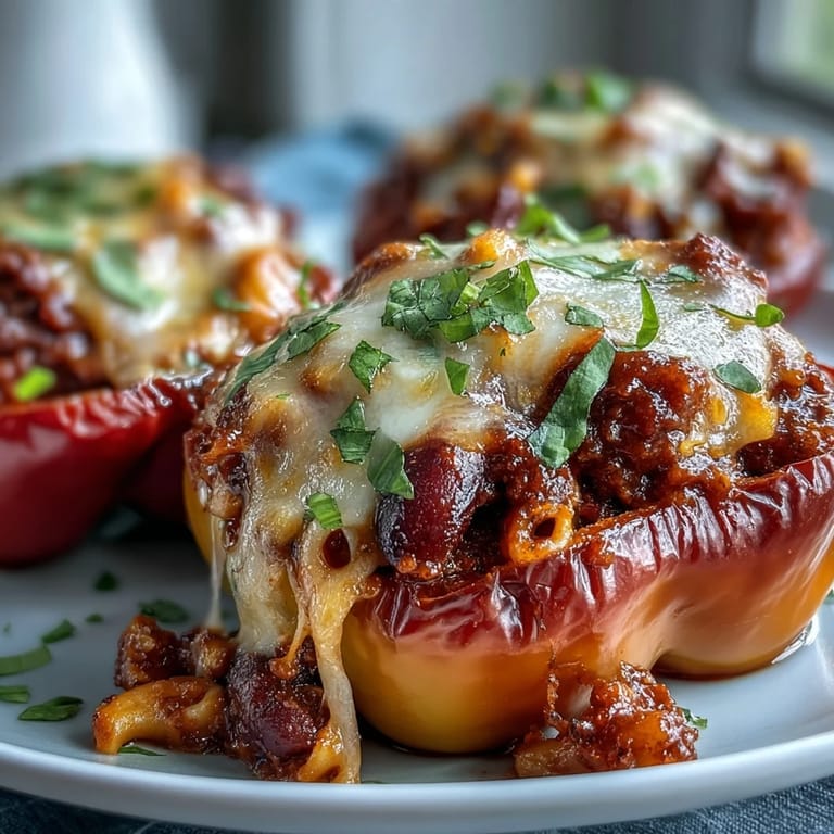 Baked chili mac stuffed peppers topped with melted cheddar, ready to serve with fresh cilantro garnish.