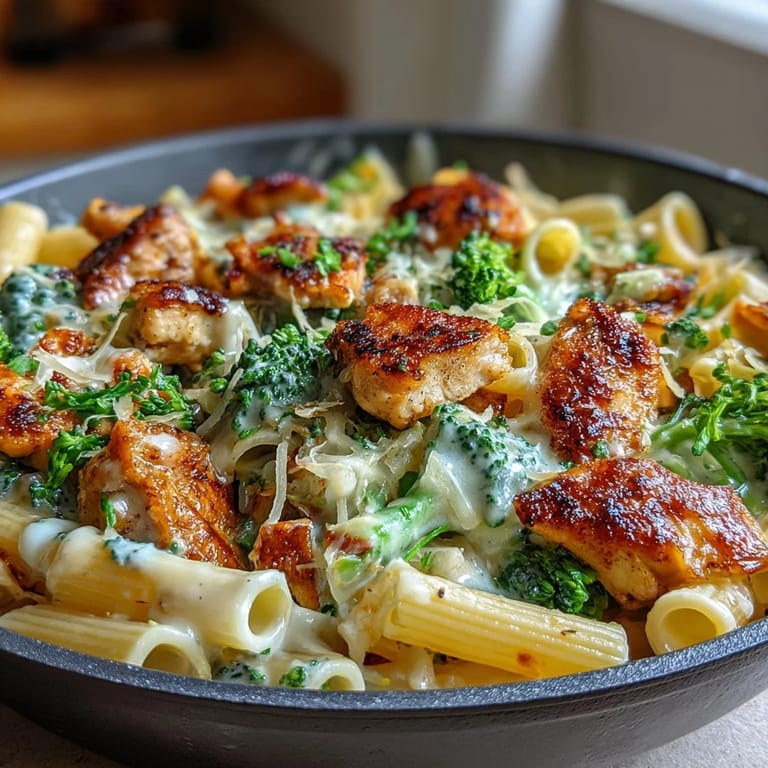 Steam rises from a bowl of Garlic Parmesan Broccoli & Chicken Pasta, garnished with parsley and extra grated Parmesan cheese.
