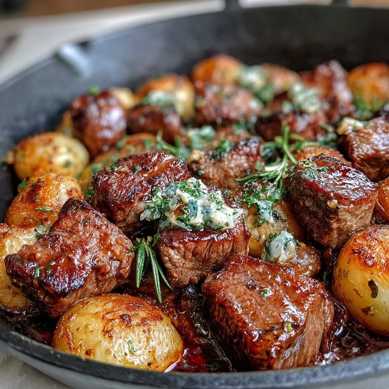 Close-up of steak and potatoes coated in luscious garlic butter with fresh parsley garnish.