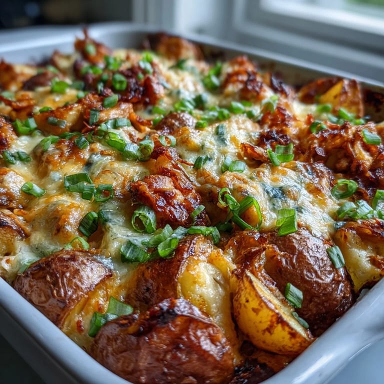 Juicy chicken nestled among roasted potatoes in a spicy Buffalo Ranch casserole, garnished with fresh chives.
