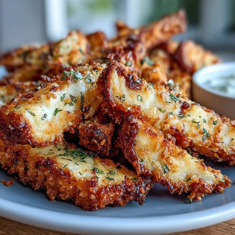 Freshly baked Crispy Baked Chicken Parmesan Fries served on a plate with creamy ranch dressing and a sprinkle of parsley garnish.