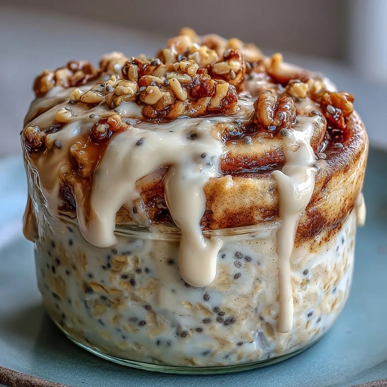 A bowl of High-Protein Cinnamon Roll Overnight Oats topped with sweet cream cheese drizzle and extra cinnamon.