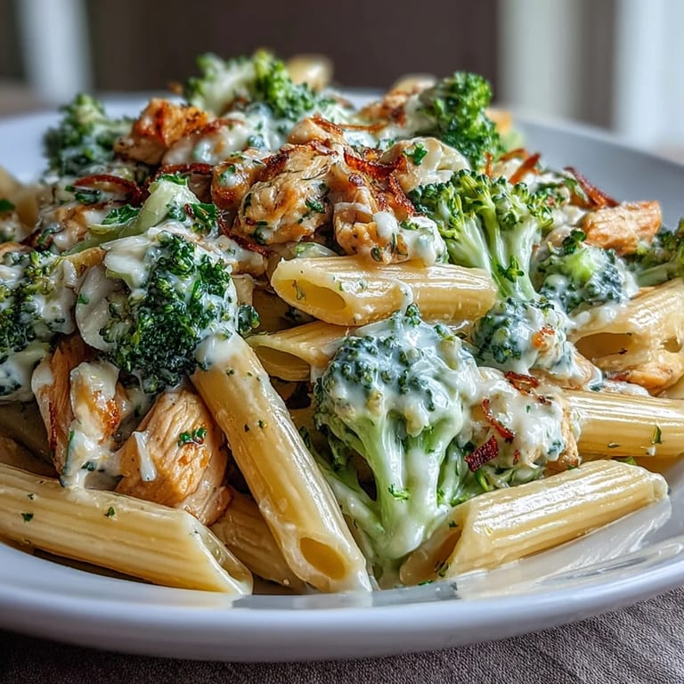 Close-up of cheesy Garlic Parmesan Broccoli & Chicken Pasta served on a white plate.