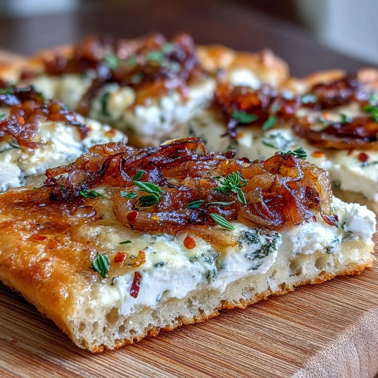 Freshly baked goat cheese & caramelized onion flatbread served warm with arugula on a rustic wooden board.