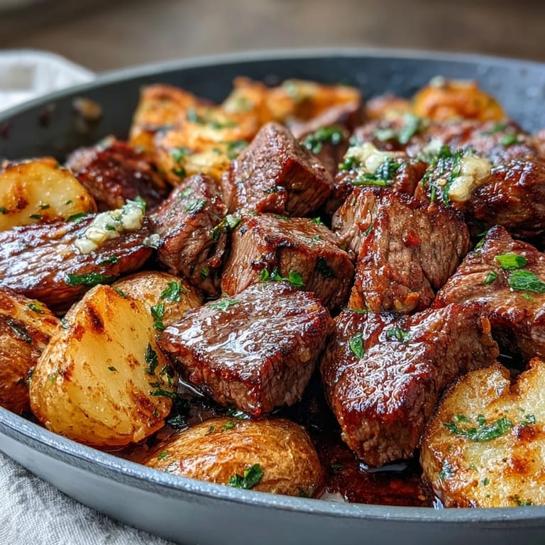 A close-up of the skillet meal, garnished with fresh parsley and ready to serve for a hearty dinner.