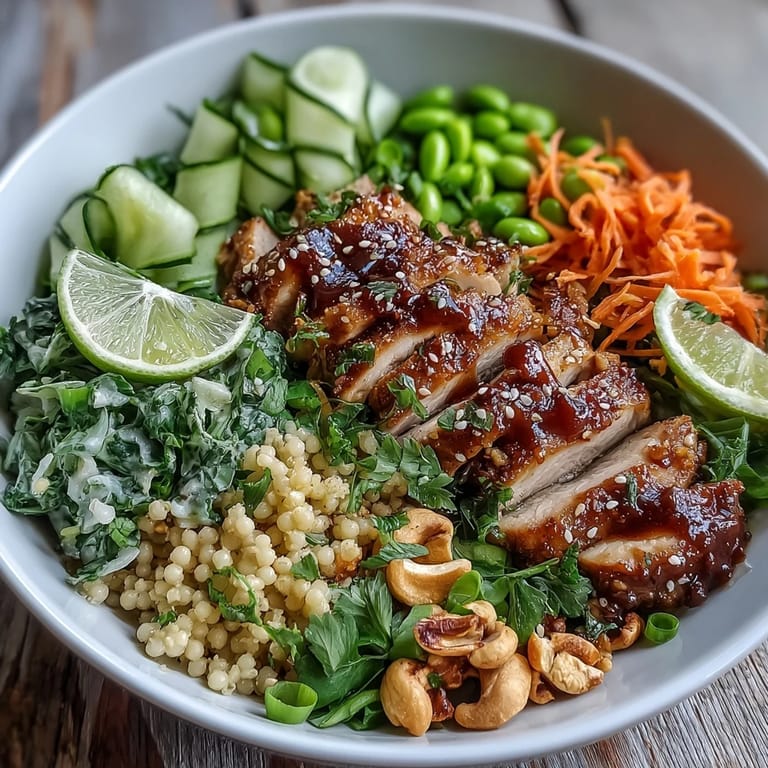Tender chicken and fluffy couscous bowls drizzled with a zesty sesame ginger dressing, garnished with edamame, green onions, and fresh cilantro.