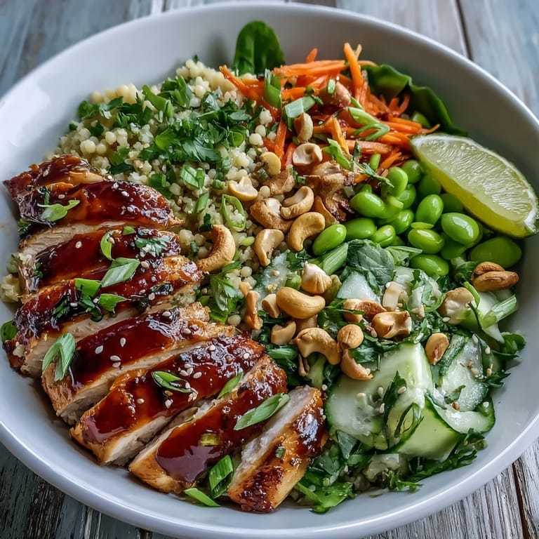 A close look at savory sesame ginger chicken couscous bowls featuring roasted nuts, lime wedges, and colorful vegetables for serving.