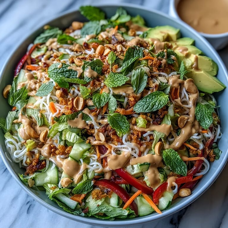 Colorful Vegan Spring Roll Salad tossed with crunchy vegetables, herbs, and rice noodles, served with a small bowl of peanut dressing.