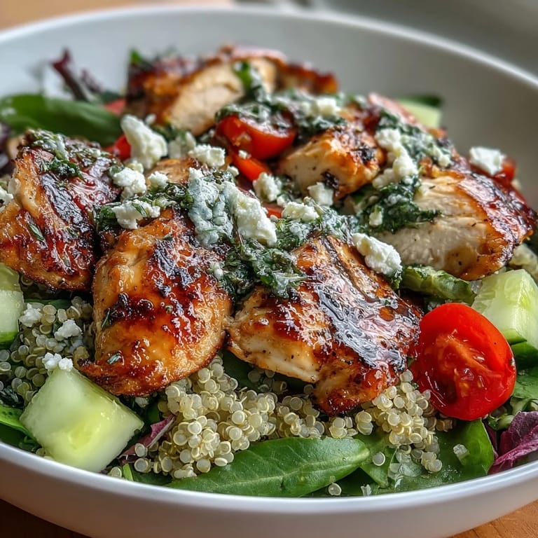 A freshly tossed Lemon Herb Grilled Chicken Salad with Quinoa shows crisp red bell pepper and red onion beside sliced chicken.
