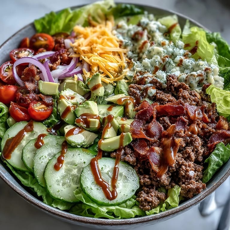 Bright cherry tomatoes and creamy avocado add color to the Keto Bacon Cheeseburger Salad on a plate.