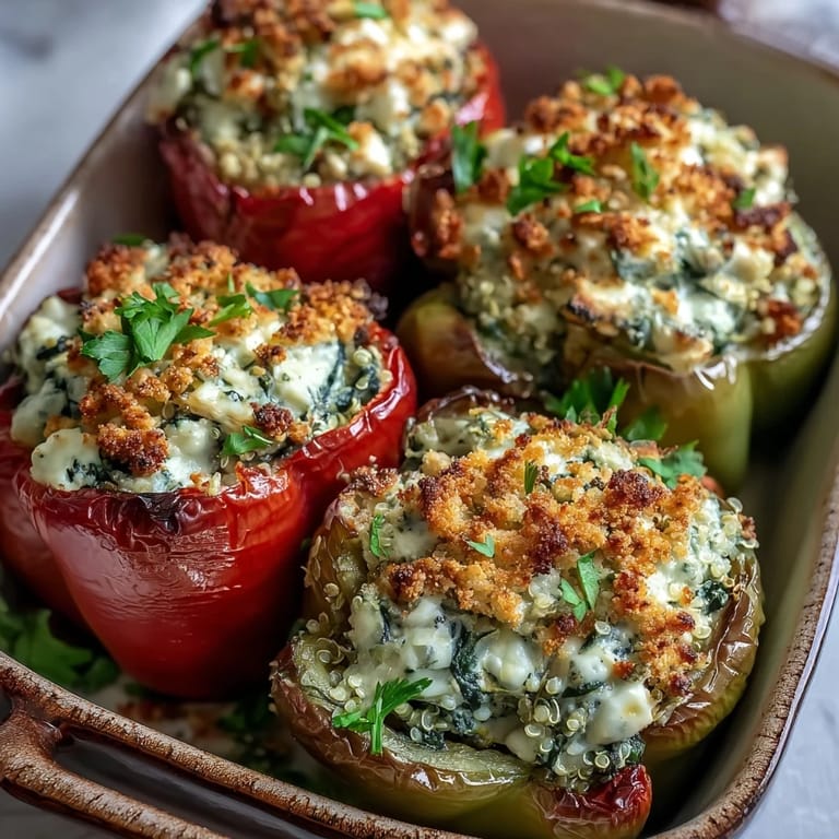 Freshly baked Vegan Spinach and Artichoke Stuffed Peppers in colorful bell peppers, steam rising, paired with a glass of white wine. 