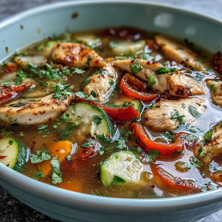 Hearty bowl of Skinny One-Pot Chicken Fajita Soup with Zucchini and Peppers, topped with fresh cilantro and lime, served alongside sliced avocado.