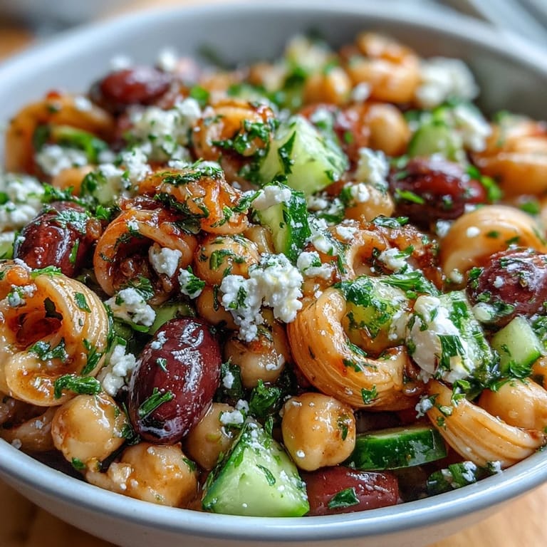 Colorful Mediterranean Chickpea Pasta Salad with Cucumber and Olives: Hearty and refreshing salad combining short pasta, protein-rich chickpeas, fresh vegetables, salty olives, and feta, finished with a fragrant lemon-herb dressing.