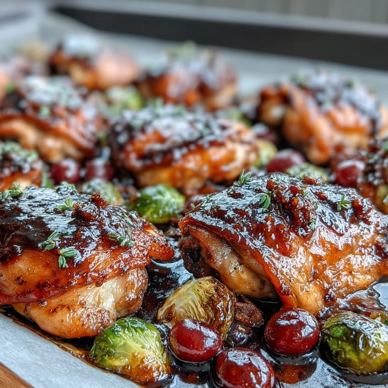 Savory balsamic chicken with crispy Brussels sprouts and juicy grapes, roasted to perfection for an easy dinner.