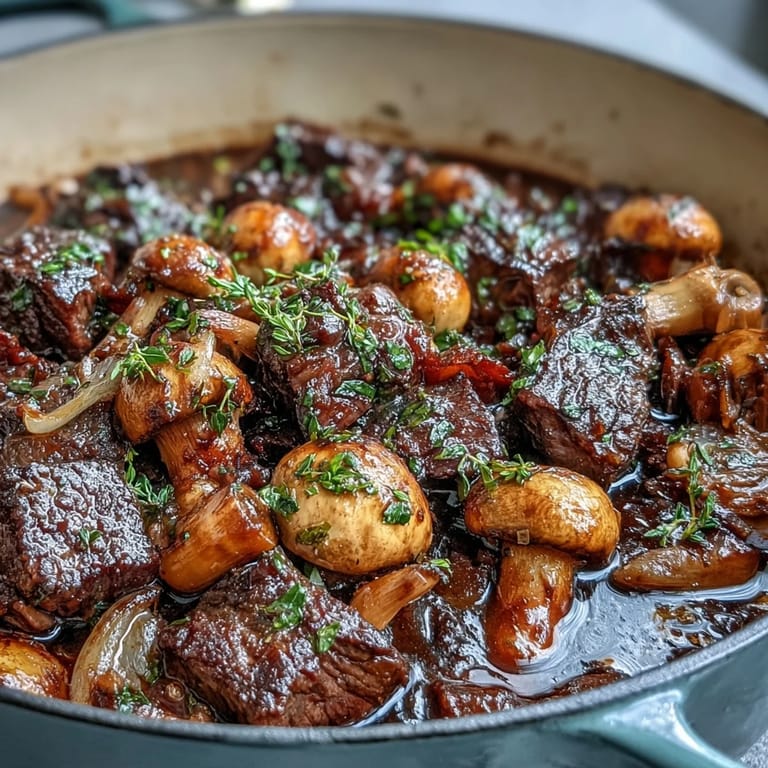 Classic French Wild Mushroom Beef Bourguignon featuring braised beef, earthy wild mushrooms, and fresh parsley garnish in a rustic bowl.