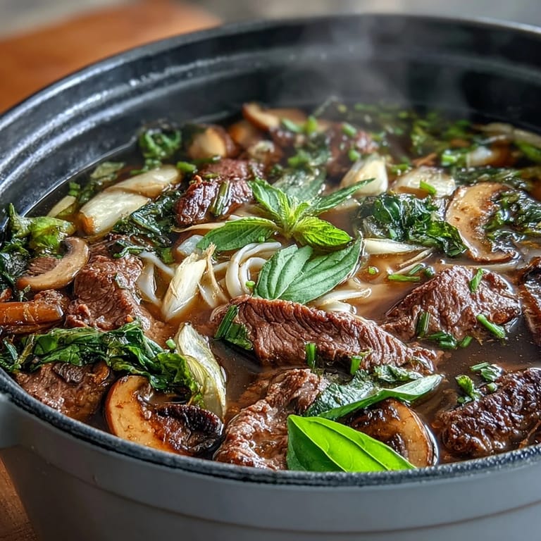 Interactive Asian hot pot noodle feast featuring thinly sliced beef, vibrant vegetables, and herbs cooked to perfection in a savory broth.