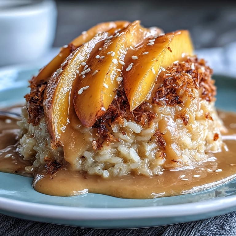 Tropical dessert featuring tender mango sticky rice paired with fresh mango and rich coconut milk drizzle.