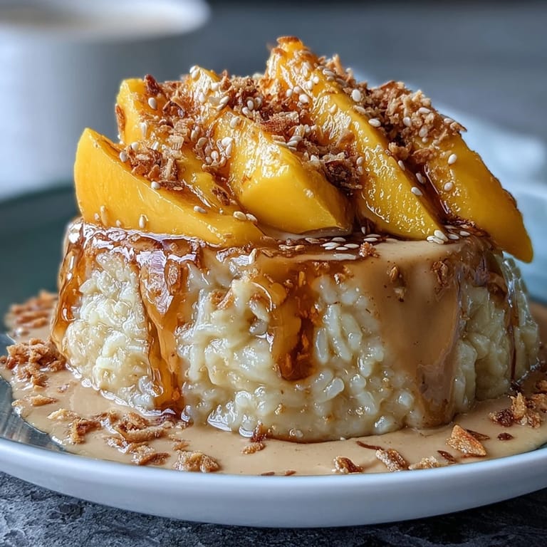 Sweet coconut milk-soaked sticky rice served with golden mango slices, garnished with toasted sesame seeds.