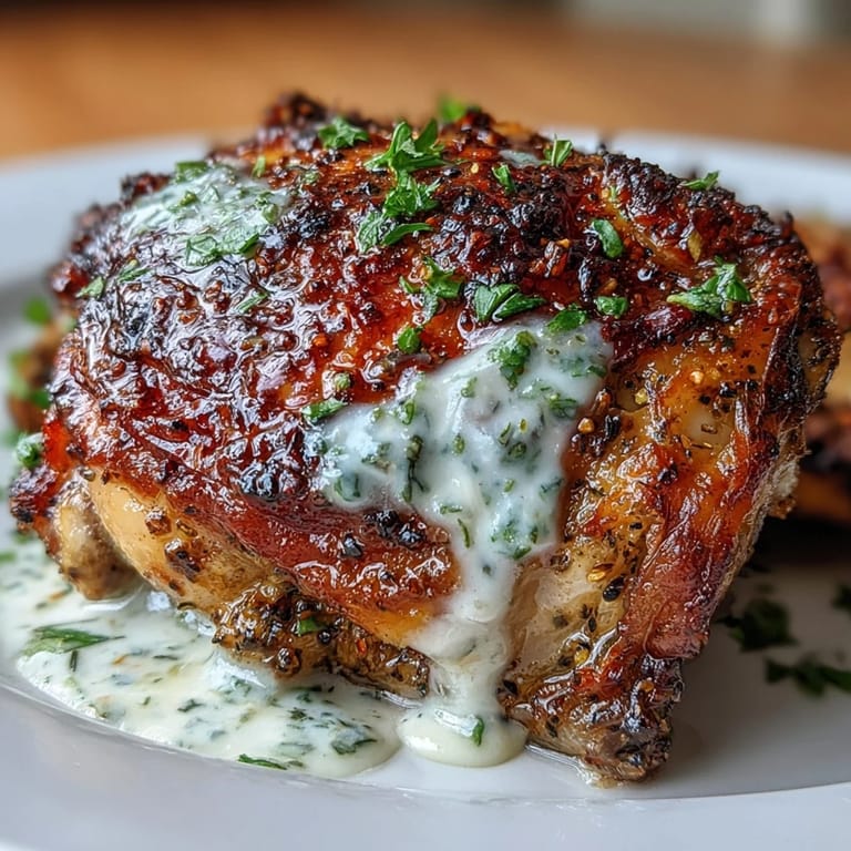 Roasted zaatar-spiced chicken thighs with a velvety tahini-garlic drizzle, offering bold Middle Eastern flavors and a satisfying, gluten-free meal.  