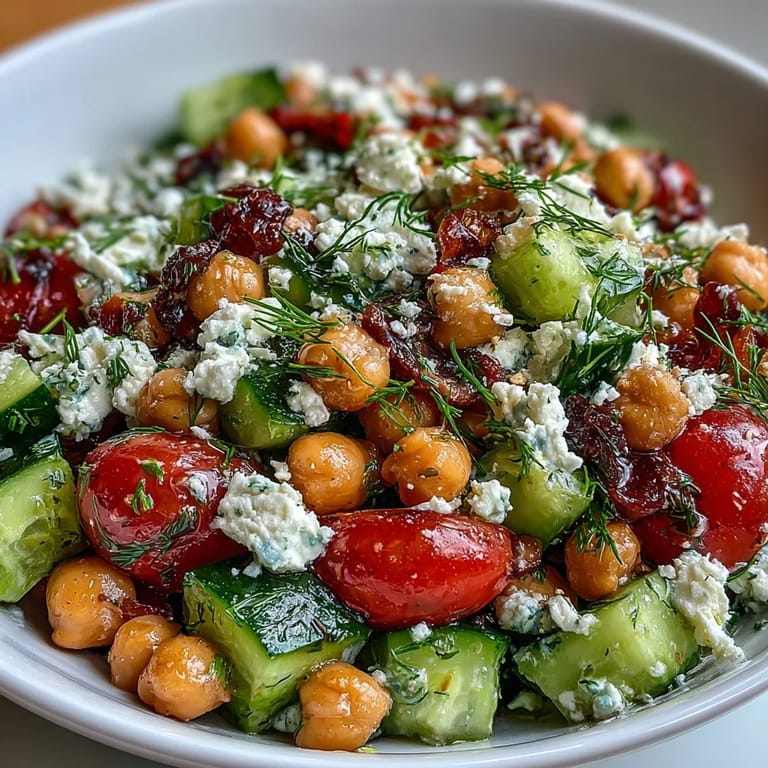 A refreshing Mediterranean salad with protein-rich chickpeas, juicy tomatoes, crunchy cucumbers, and tangy feta tossed in zesty lemon dressing.  