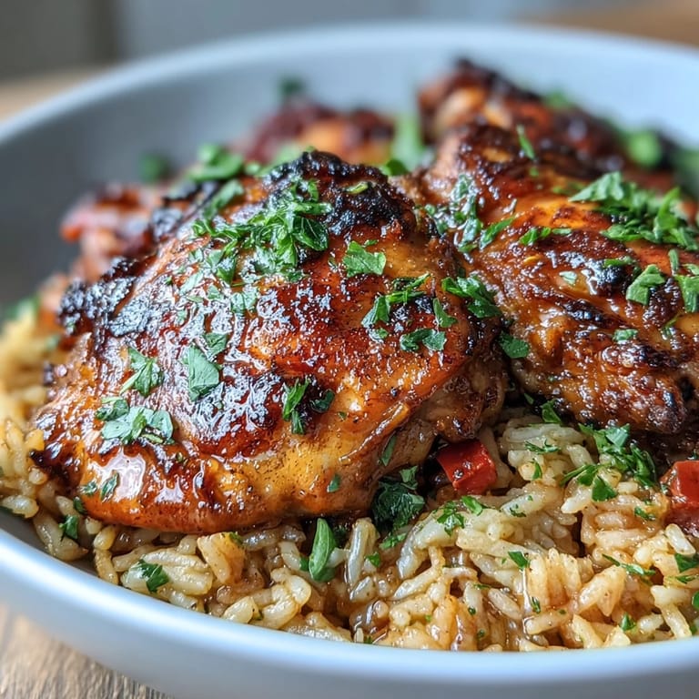 Spicy, golden-brown chicken thighs rest atop fluffy basmati rice, infused with paprika, garlic, and turmeric in a vibrant Portuguese feast.  