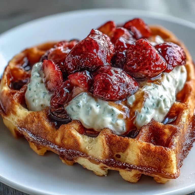 Golden waffles served with a light cottage cheese whip and macerated strawberries, a protein-packed and delicious morning treat.