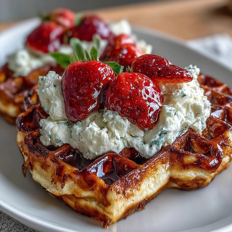 Fluffy heart-shaped waffles layered with whipped cottage cheese and juicy strawberries, an elegant and satisfying breakfast or dessert option.