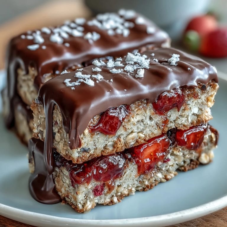 No-bake strawberry oat bars drizzled with rich chocolate, combining fruity and nutty flavors in every bite.