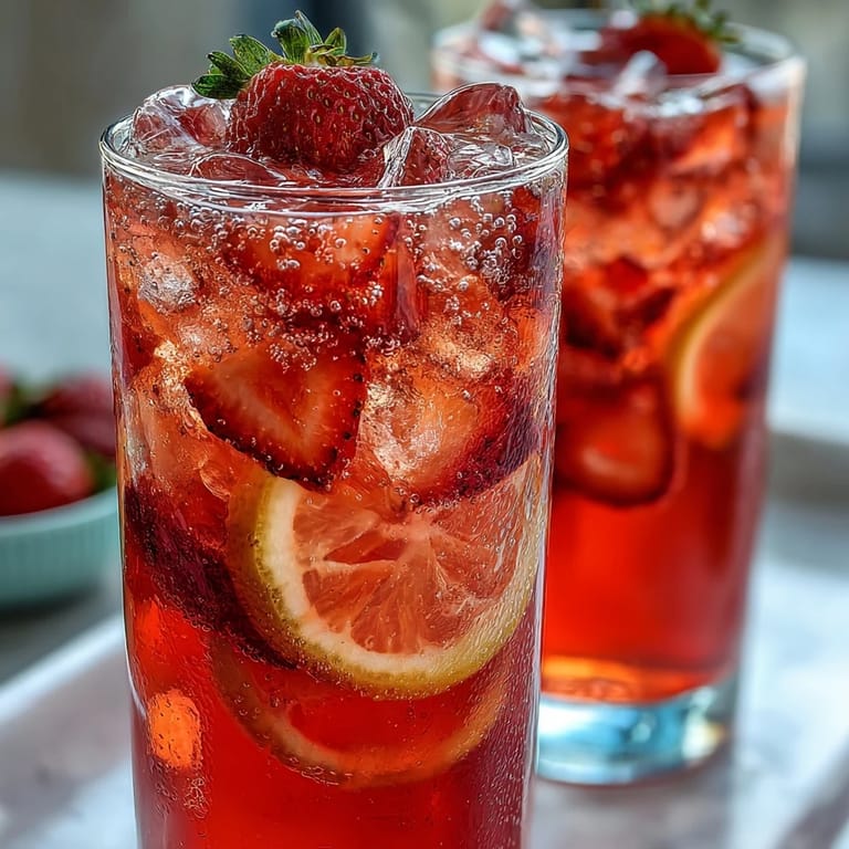 Bright red strawberry lemonade mocktail with effervescent sparkling water, perfect for summer gatherings and served chilled with fresh fruit.