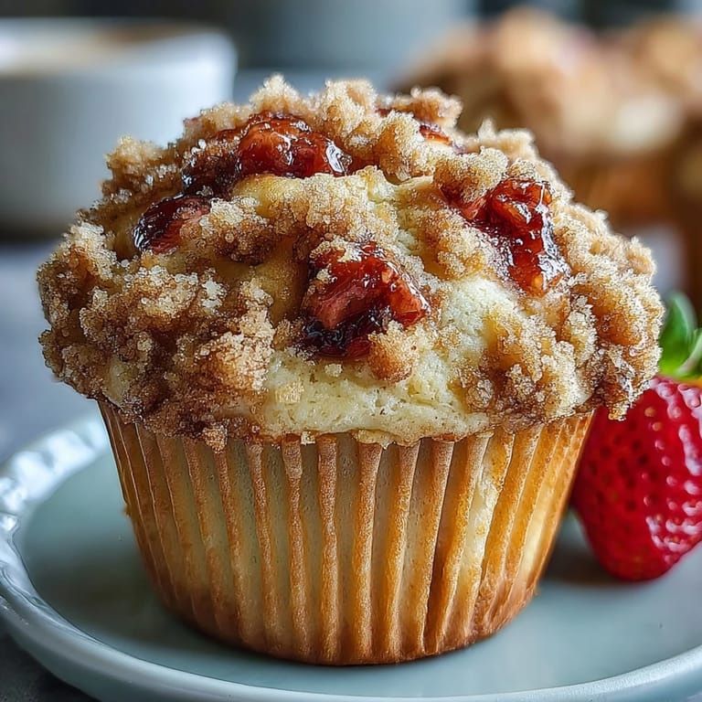 Fluffy muffins filled with juicy strawberries and topped with a sweet, crunchy crumb topping.