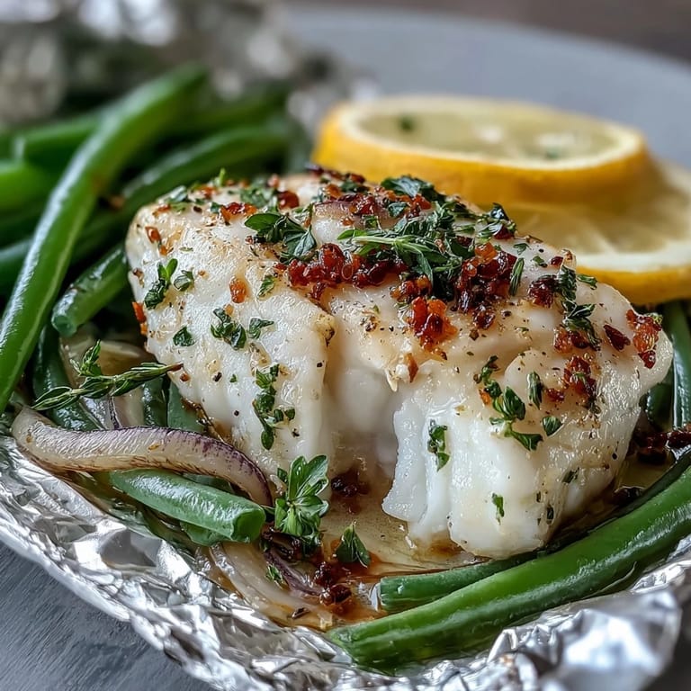 Fresh tilapia and green beans infused with lemon and garlic, roasted in foil for a simple, healthy dinner.