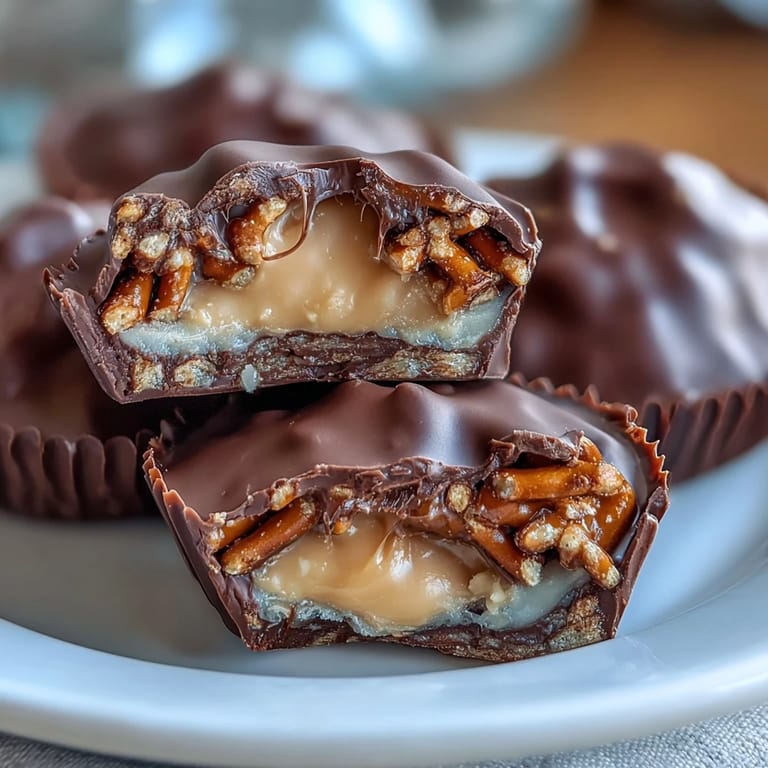 Golden homemade peanut butter cups featuring a crunchy pretzel base and rich chocolate layer.  