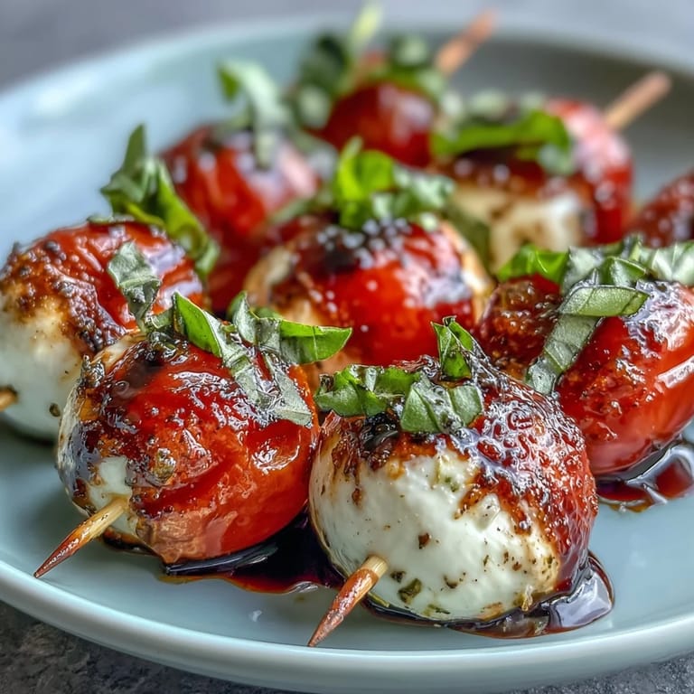 Fresh and flavorful Picnic Caprese Skewers with juicy tomatoes, creamy mozzarella, and fragrant basil leaves, drizzled with tangy-sweet balsamic reduction.  