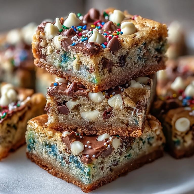 Close-up of baked rainbow cookie bars showing colorful sprinkles and white chocolate chunks.