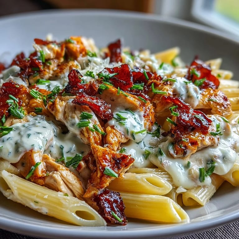 A close-up of Creamy Crockpot Mississippi Chicken Pasta with penne noodles coated in a tangy, cheesy, slow-cooked chicken sauce.
