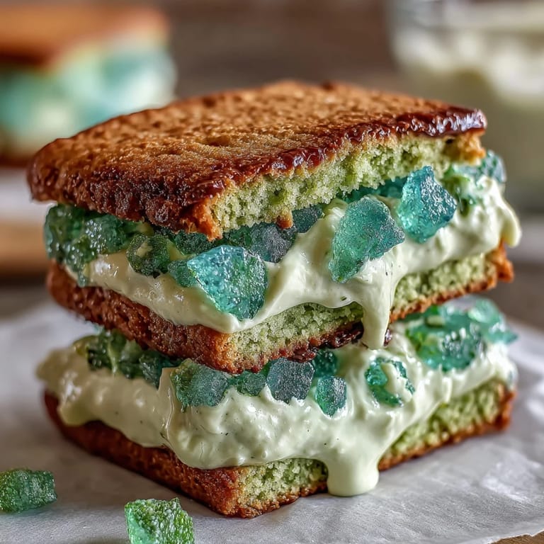 Festive green sugar cookies sandwiched with vanilla frosting and sparkling sugar for St. Patrick's Day.