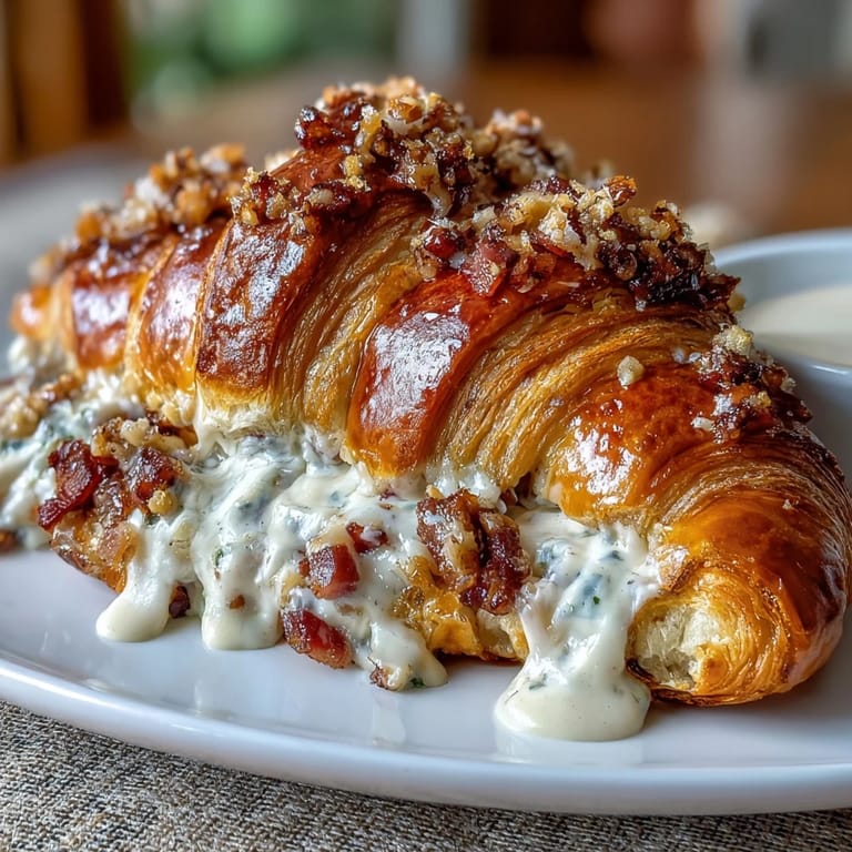 Savory croissant bake layered with smoky ham and melty Swiss cheese, topped with green onions and a hint of nutmeg for a cozy meal.