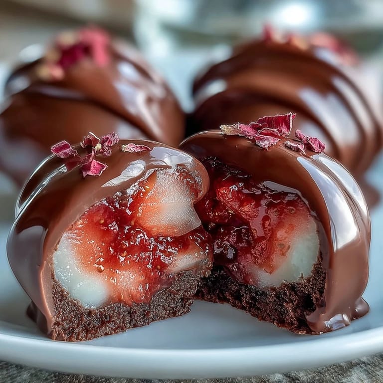 Bite-sized strawberry truffles infused with cardamom and rosewater, dipped in rich dark chocolate for an elegant treat.